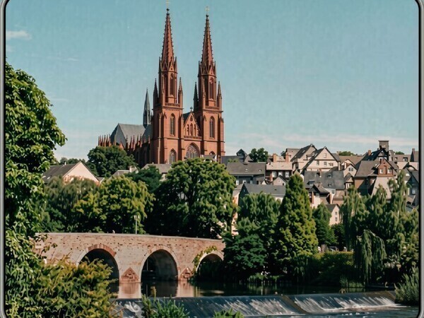 AR-Visualisierung der beiden gotischen Türme des Wetzlarer Doms von der Alten Lahnbrücke aus